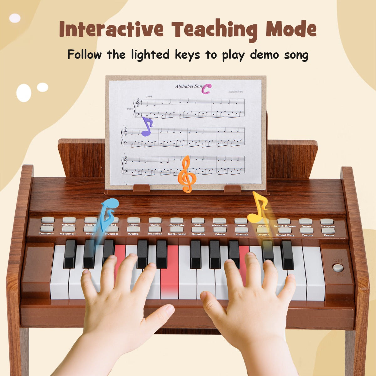 Livsk costway 25 toetsen mini digitale piano voor kinderen houten speelgoed met instelbaar tempo en volume bruin 2