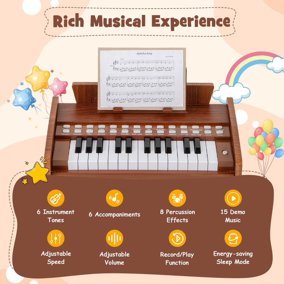 Livsk costway 25 toetsen mini digitale piano voor kinderen houten speelgoed met instelbaar tempo en volume bruin 3