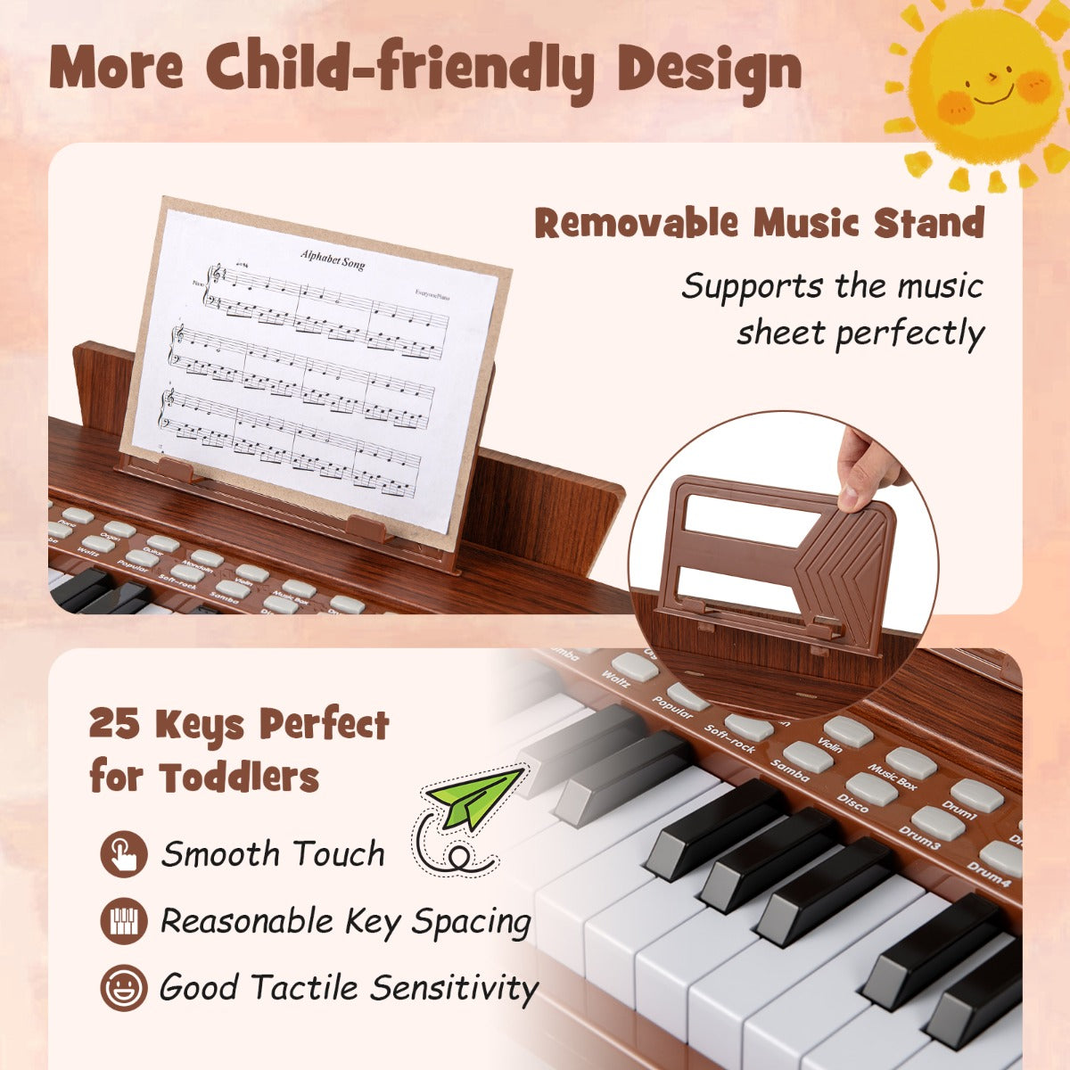 Livsk costway 25 toetsen mini digitale piano voor kinderen houten speelgoed met instelbaar tempo en volume bruin 4