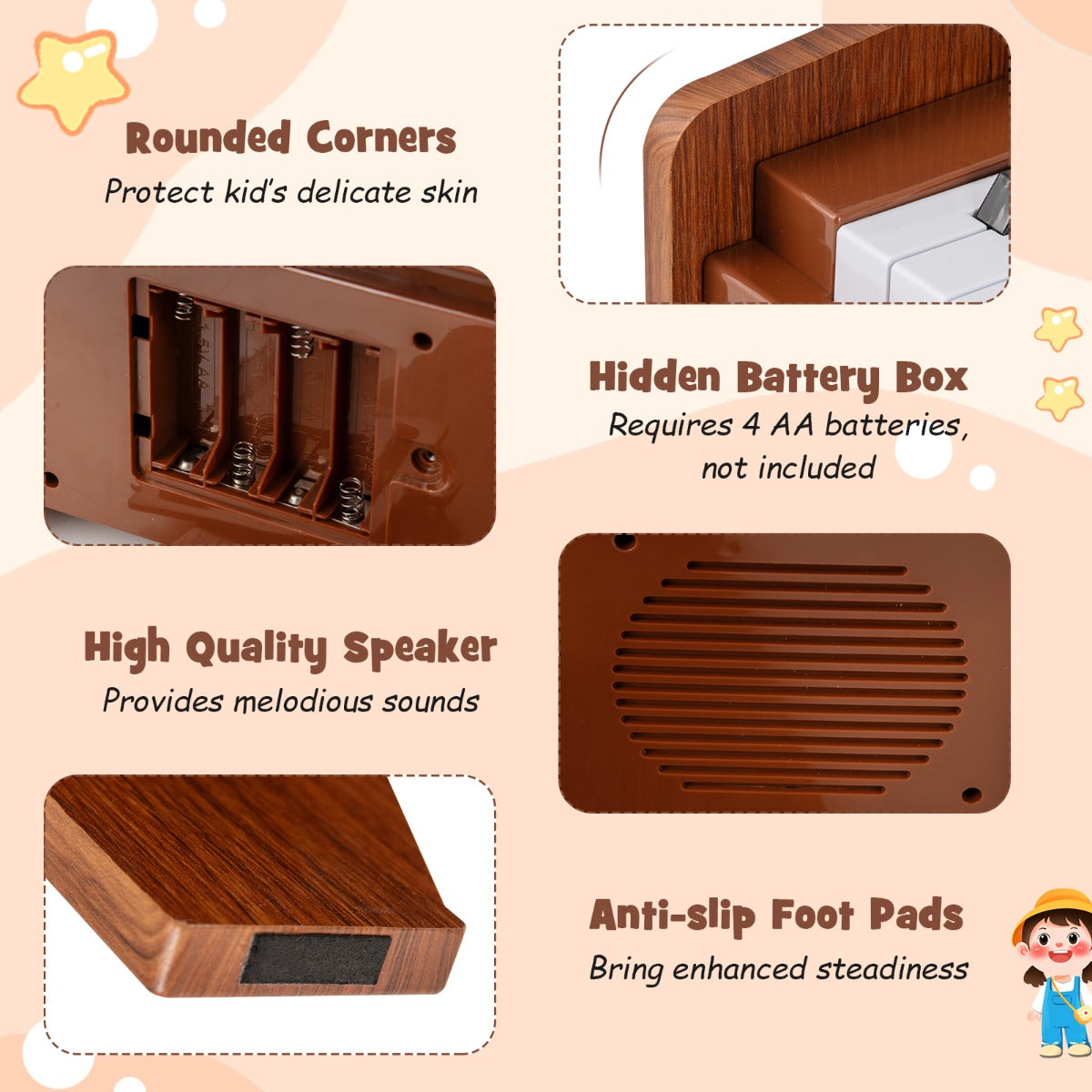 Livsk costway 25 toetsen mini digitale piano voor kinderen houten speelgoed met instelbaar tempo en volume bruin 5