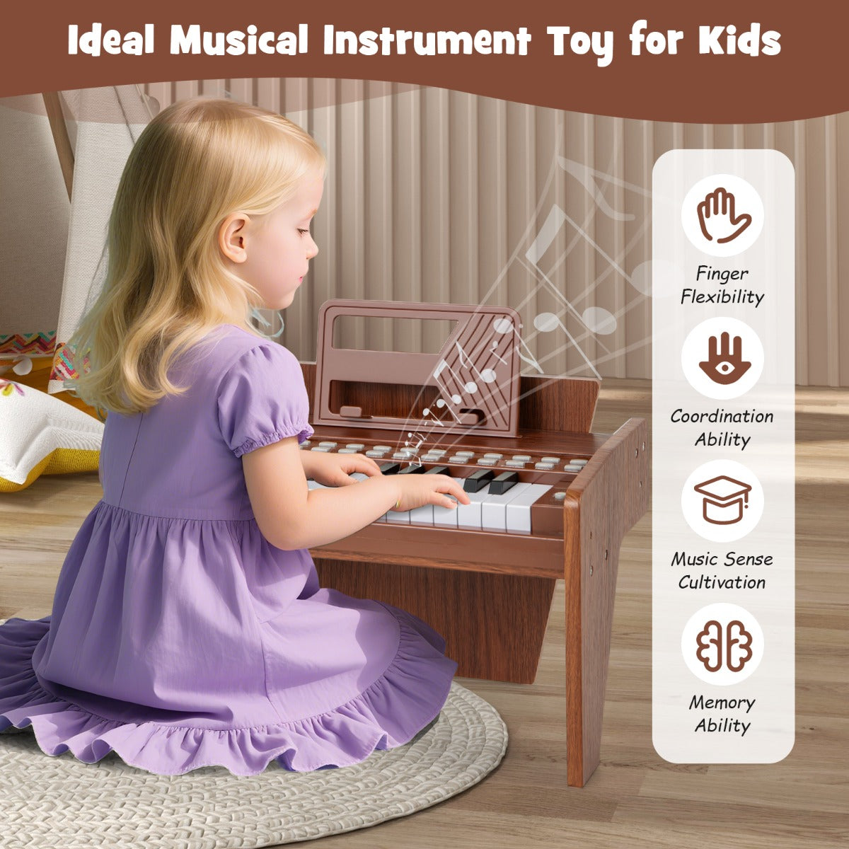 Livsk costway 25 toetsen mini digitale piano voor kinderen houten speelgoed met instelbaar tempo en volume bruin 6