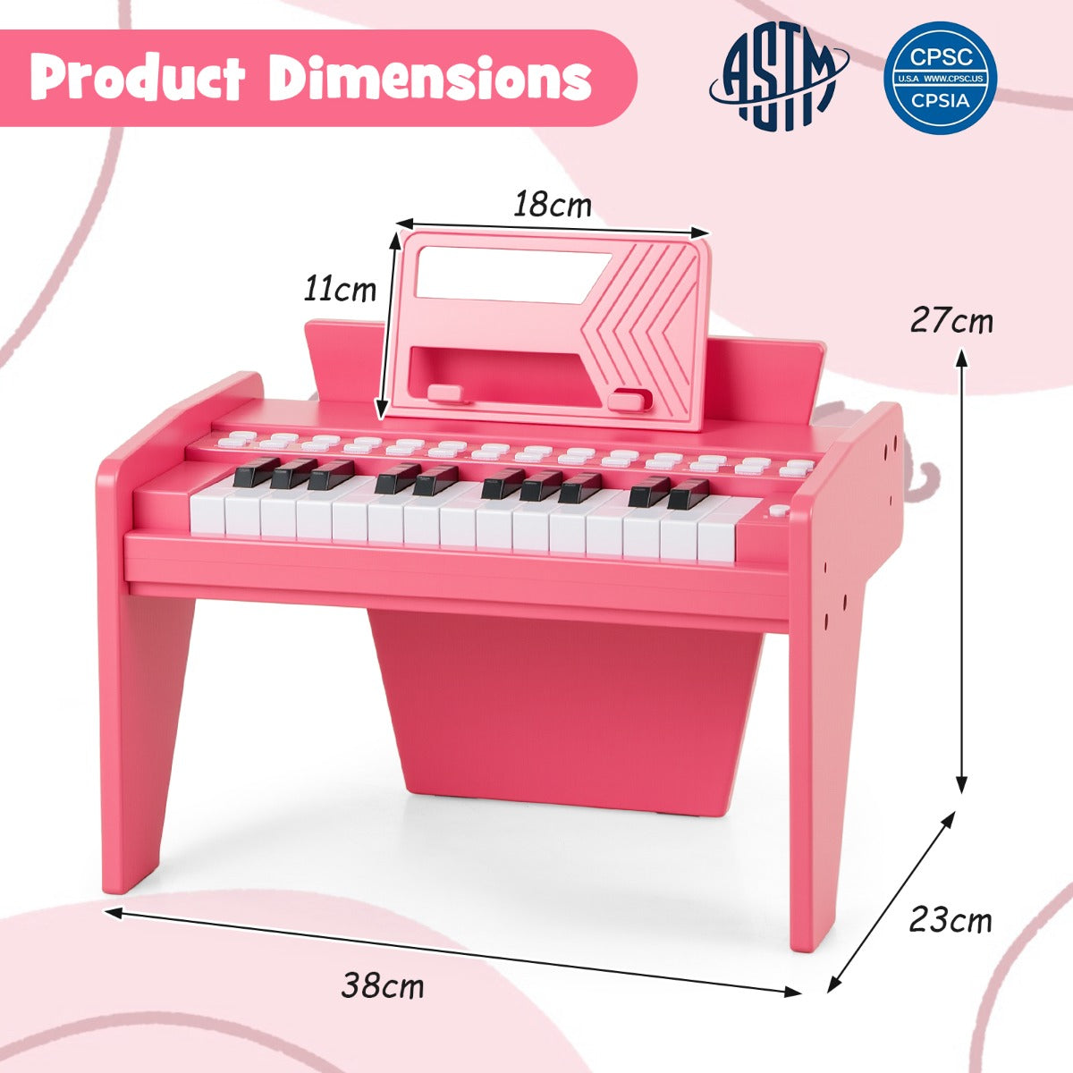 Livsk costway 25 toetsen mini digitale piano voor kinderen houten speelgoed met instelbaar tempo en volume roze 1 1