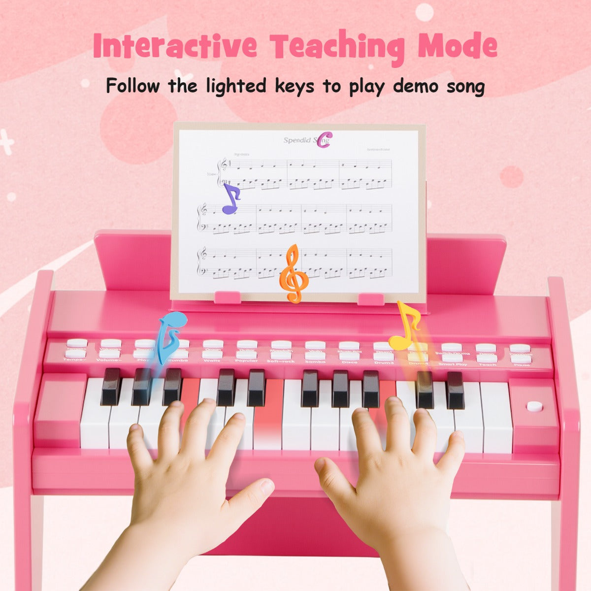 Livsk costway 25 toetsen mini digitale piano voor kinderen houten speelgoed met instelbaar tempo en volume roze 2