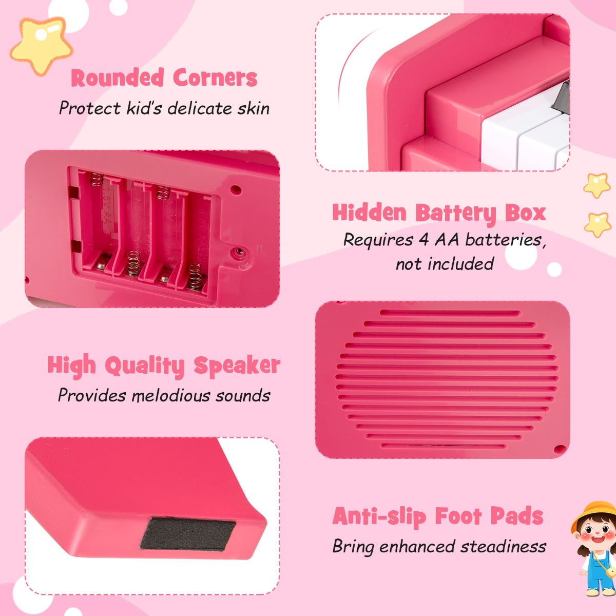 Livsk costway 25 toetsen mini digitale piano voor kinderen houten speelgoed met instelbaar tempo en volume roze 5