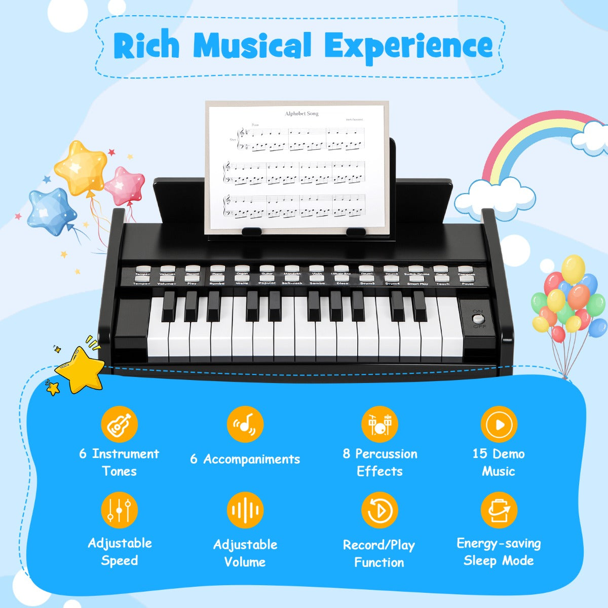 Livsk costway 25 toetsen mini digitale piano voor kinderen houten speelgoed met instelbaar tempo en volume zwart 3