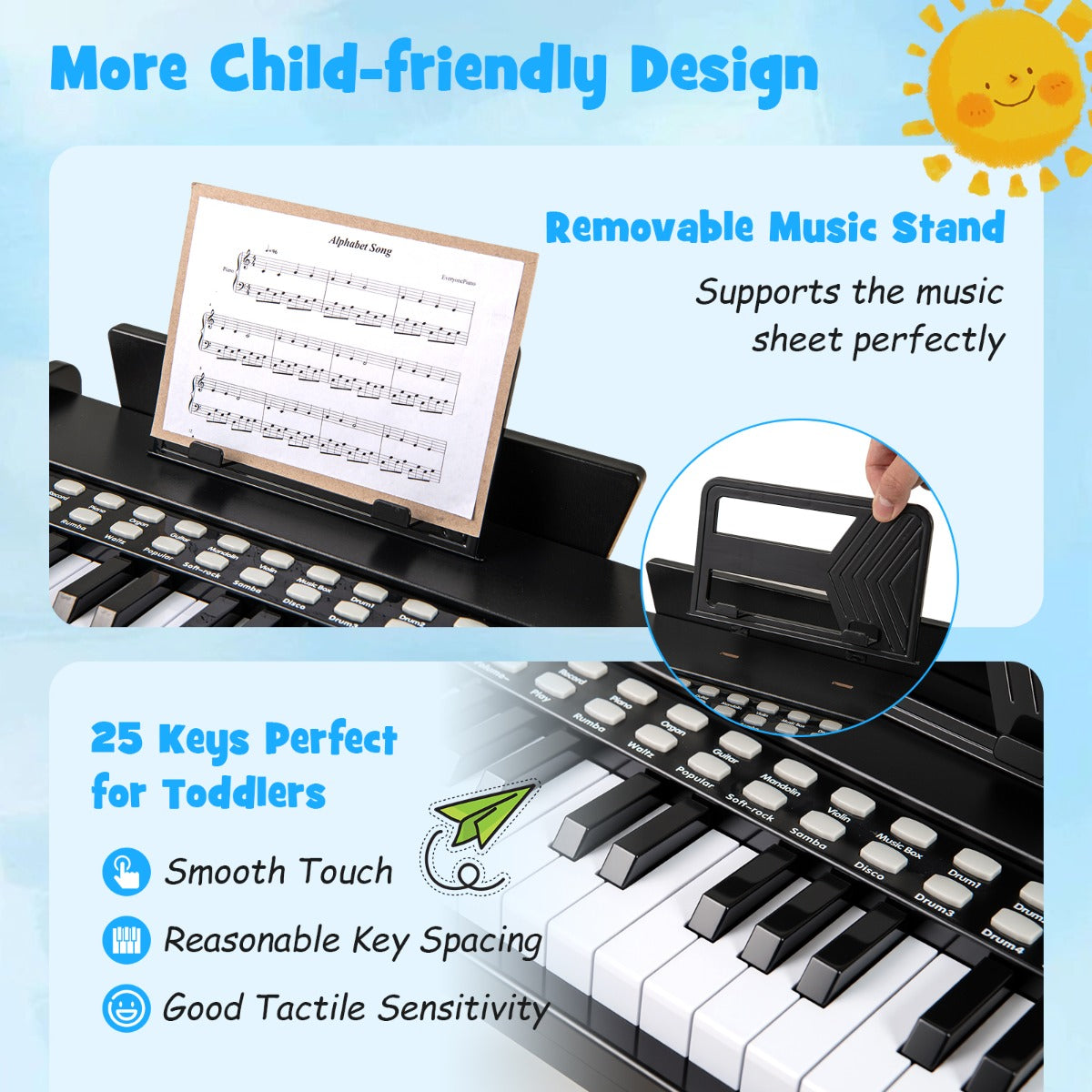 Livsk costway 25 toetsen mini digitale piano voor kinderen houten speelgoed met instelbaar tempo en volume zwart 5
