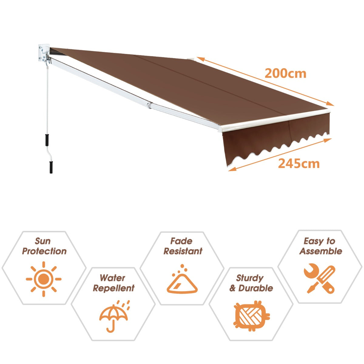 LIVSK Uittrekbaar Zonnescherm - Handmatige Crank - Verstelbare Hoek 40°-100° - UV- en Waterbestendig - Aluminium - Bruin