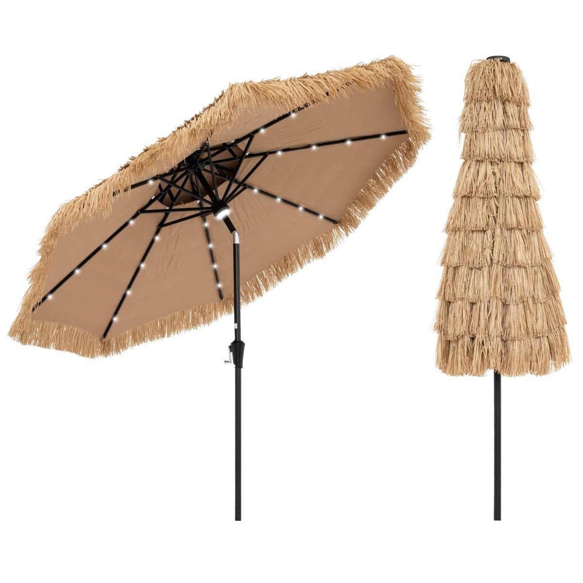 LIVSK Hawaiiaanse stijl parasol - Kantelbaar tot 35° - Ademend Polyester - LED Verlichting - Stabiel Frame - Naturel