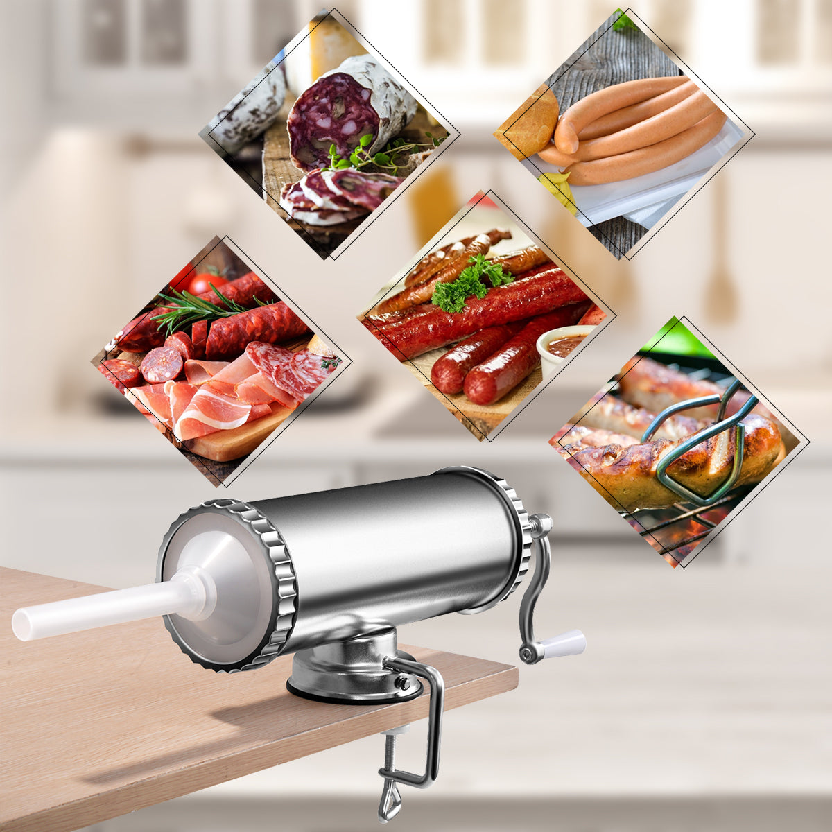 LIVSK Handbediende Worstvulmachine - 2,5 kg Capaciteit - 3 Vulbuizen - Stabiele Bevestiging - Roestvrijstaal