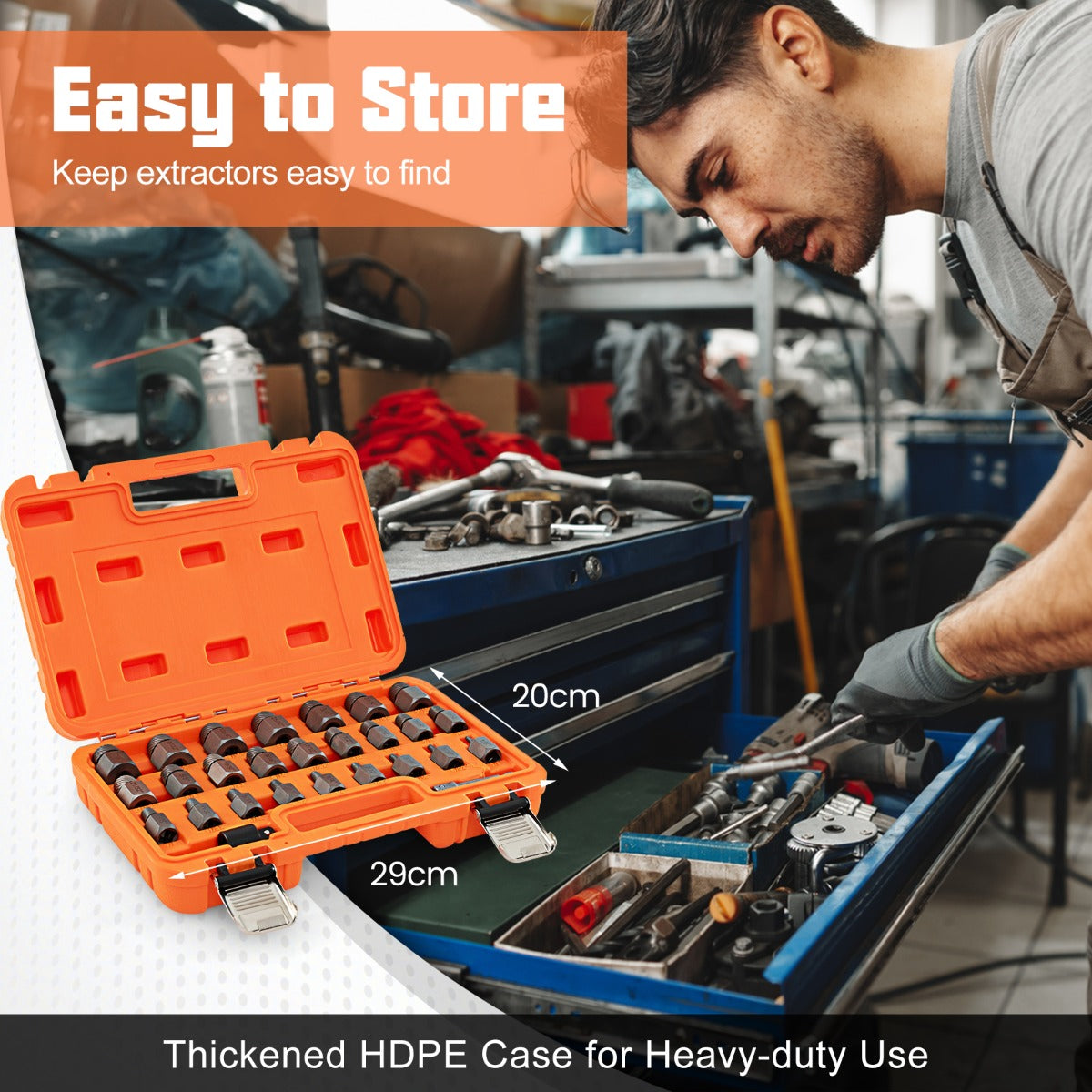 LIVSK 27-Delige Schroefverwijderaarset - Cr-Mo-Staal met Adapters - Voor Diverse Gereedschappen - HDPE-Doos - Oranje