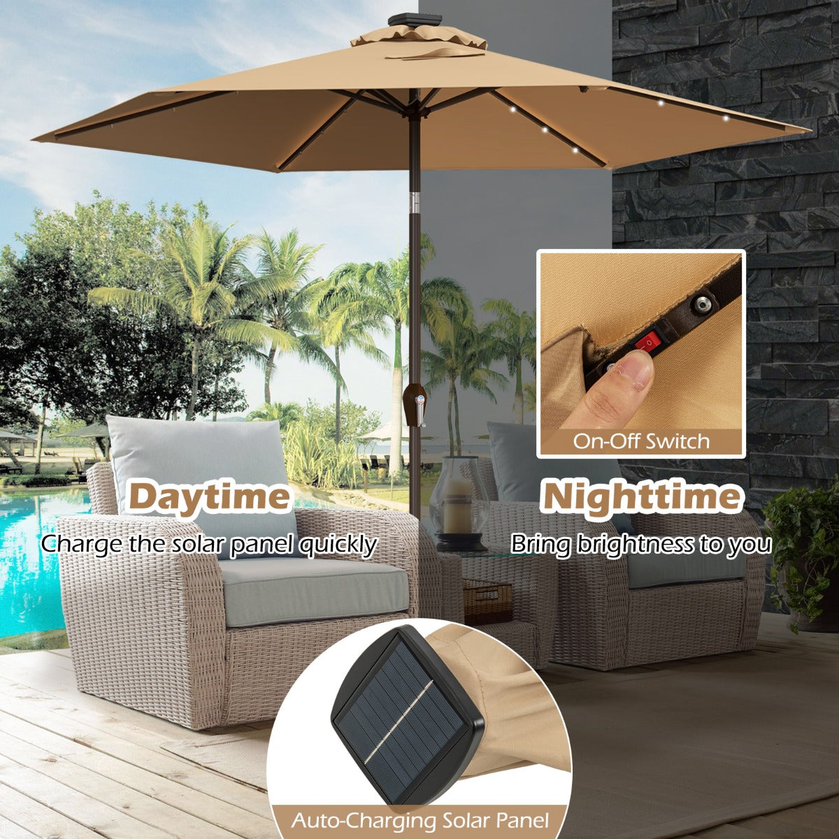LIVSK Tuinparasol met LED-verlichting - Kantelbaar en Ruimtebesparend - 2,7 meter Diameter - Stevige Stalen Constructie - Beige
