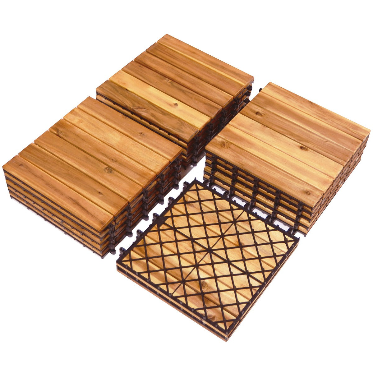 Livsk costway 27 stuks houten tegels balkonvloeren wpc terrasplanken acaciahout 30 x 30 x 24 cm gereedschapsvrije montage gestreept patroon 1