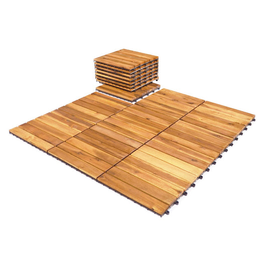 Livsk costway 27 stuks houten tegels balkonvloeren wpc terrasplanken acaciahout 30 x 30 x 24 cm gereedschapsvrije montage gestreept patroon