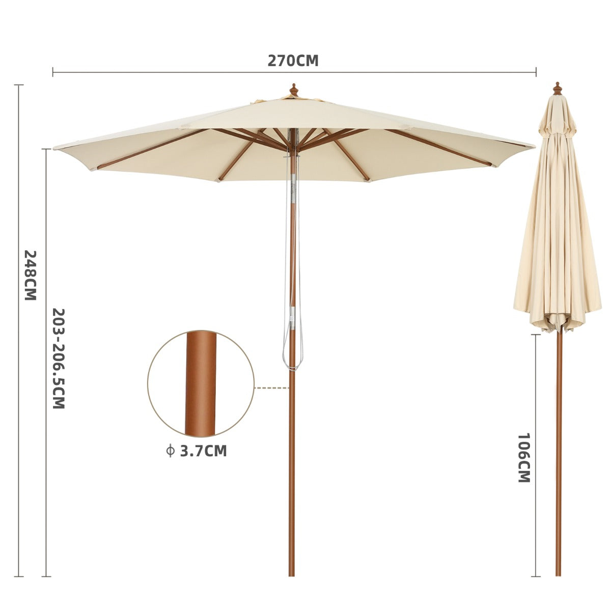 LIVSK 2,7m Katrol Patio Parasol - Waterdicht en Kantelbaar - Verstelbare Hoogte - Voor Terras en Tuin - Beige