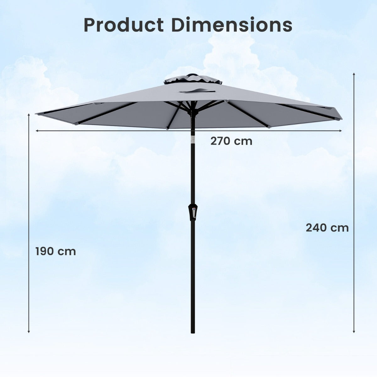 LIVSK Terrasparasol - Kantelbaar met Ventilatie - Duurzaam PA-gecoat Polyester - Stabiele Constructie - Diameter 270 cm - Grijs