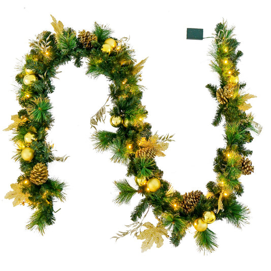 LIVSK Voorverlichte Kerstkrans - 270 cm - 50 Warmwitte LED's - Gouden Decoraties - Vlamvertragend - Groen+Rood