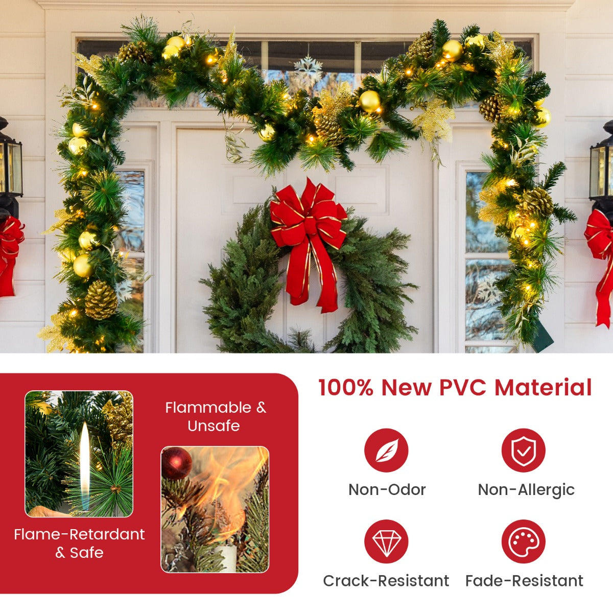 LIVSK Voorverlichte Kerstkrans - 270 cm - 50 Warmwitte LED's - Gouden Decoraties - Vlamvertragend - Groen+Rood