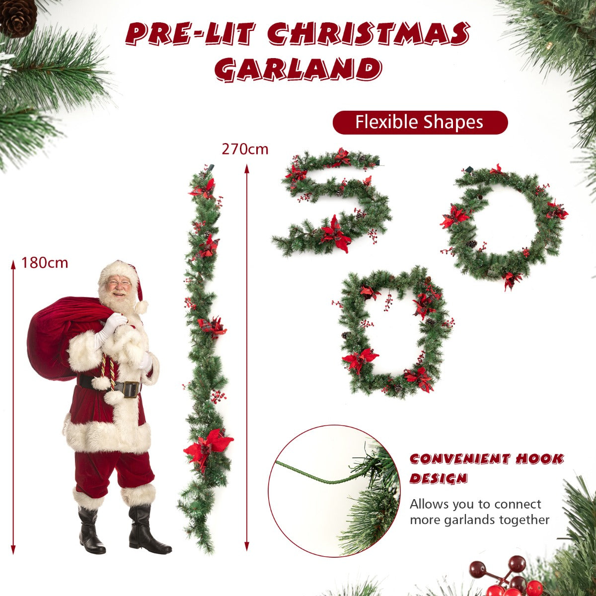 LIVSK Verlichte Kerstslinger 270 cm - 50 LED Lampen - Sneeuwbedekte Dennennaalden - Rode Bloemen en Bessen - Groen/Rood