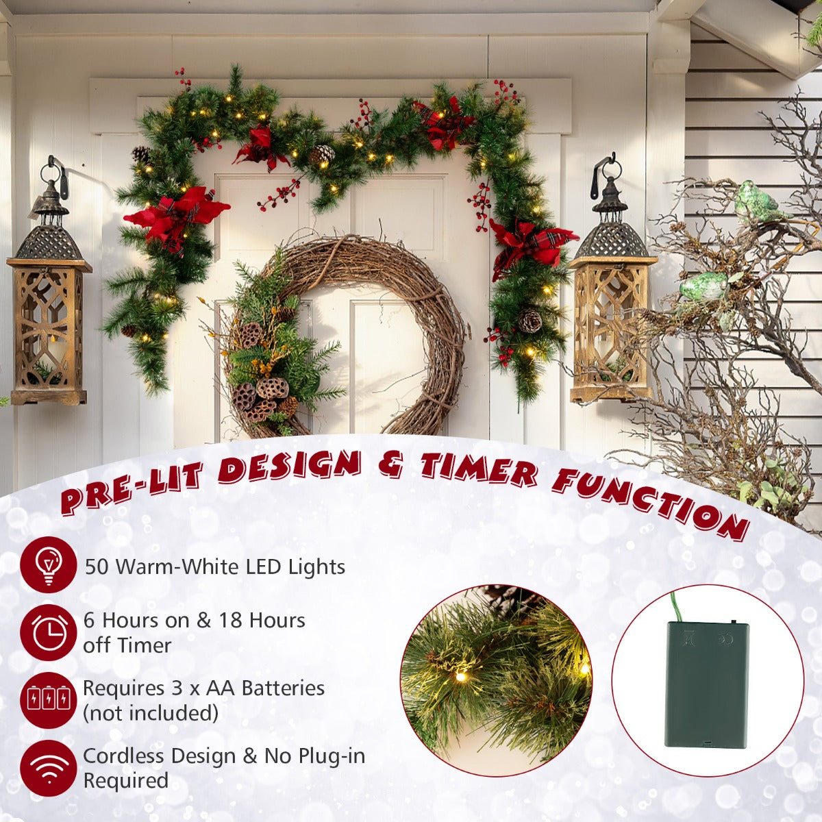 LIVSK Verlichte Kerstslinger 270 cm - 50 LED Lampen - Sneeuwbedekte Dennennaalden - Rode Bloemen en Bessen - Groen/Rood
