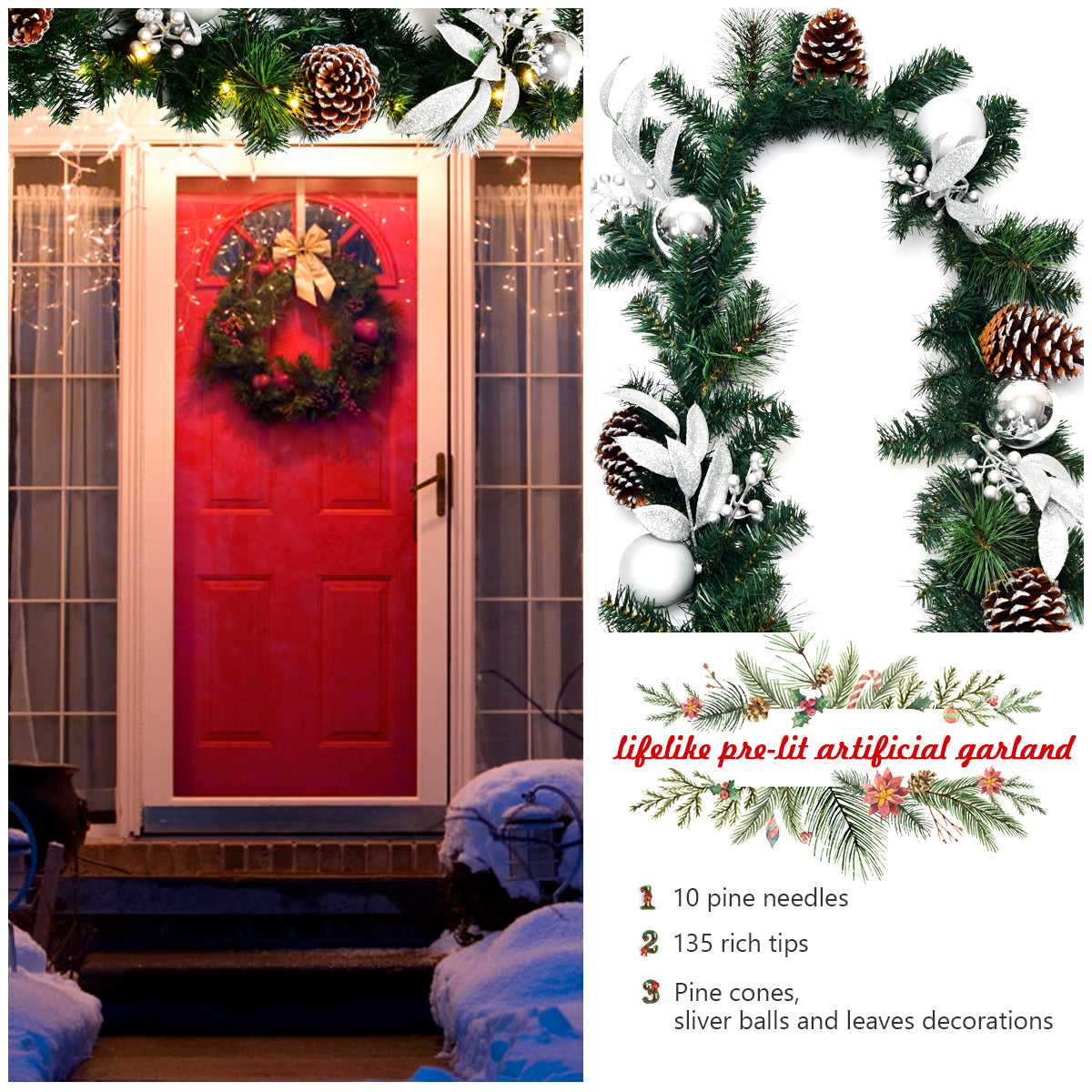 LIVSK Voorverlichte Kerstslinger - 275 cm - 50 Warm Witte LED Lampjes - Realistisch Design - Duurzaam PVC - Groen