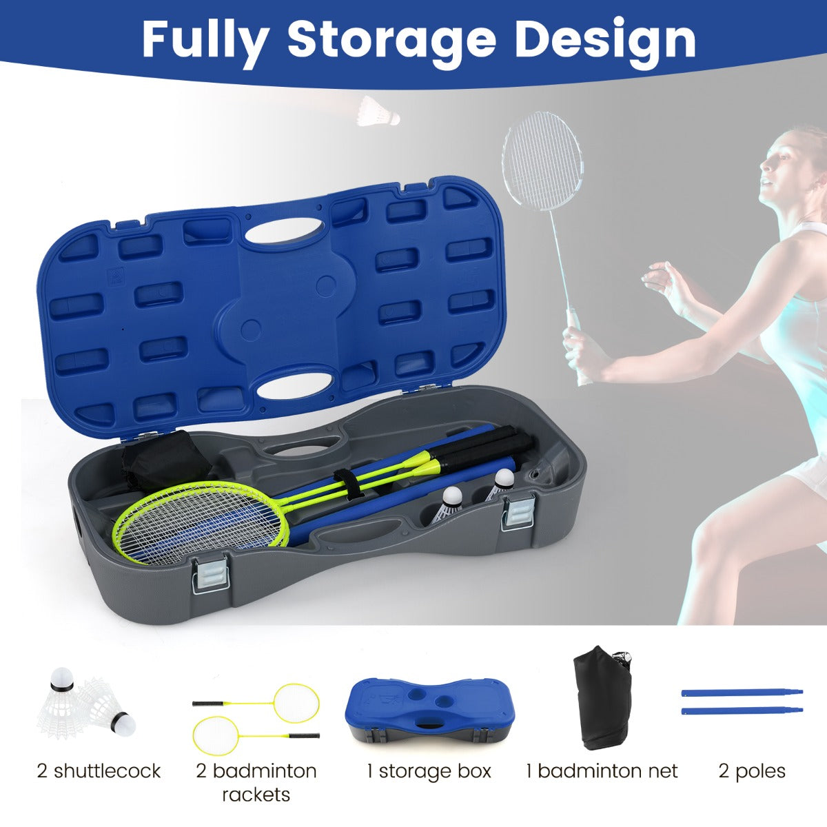 LIVSK Badmintonset - Inclusief Net, 2 Rackets en 2 Shuttlecocks - Eenvoudige Installatie - Draagbaar - Blauw