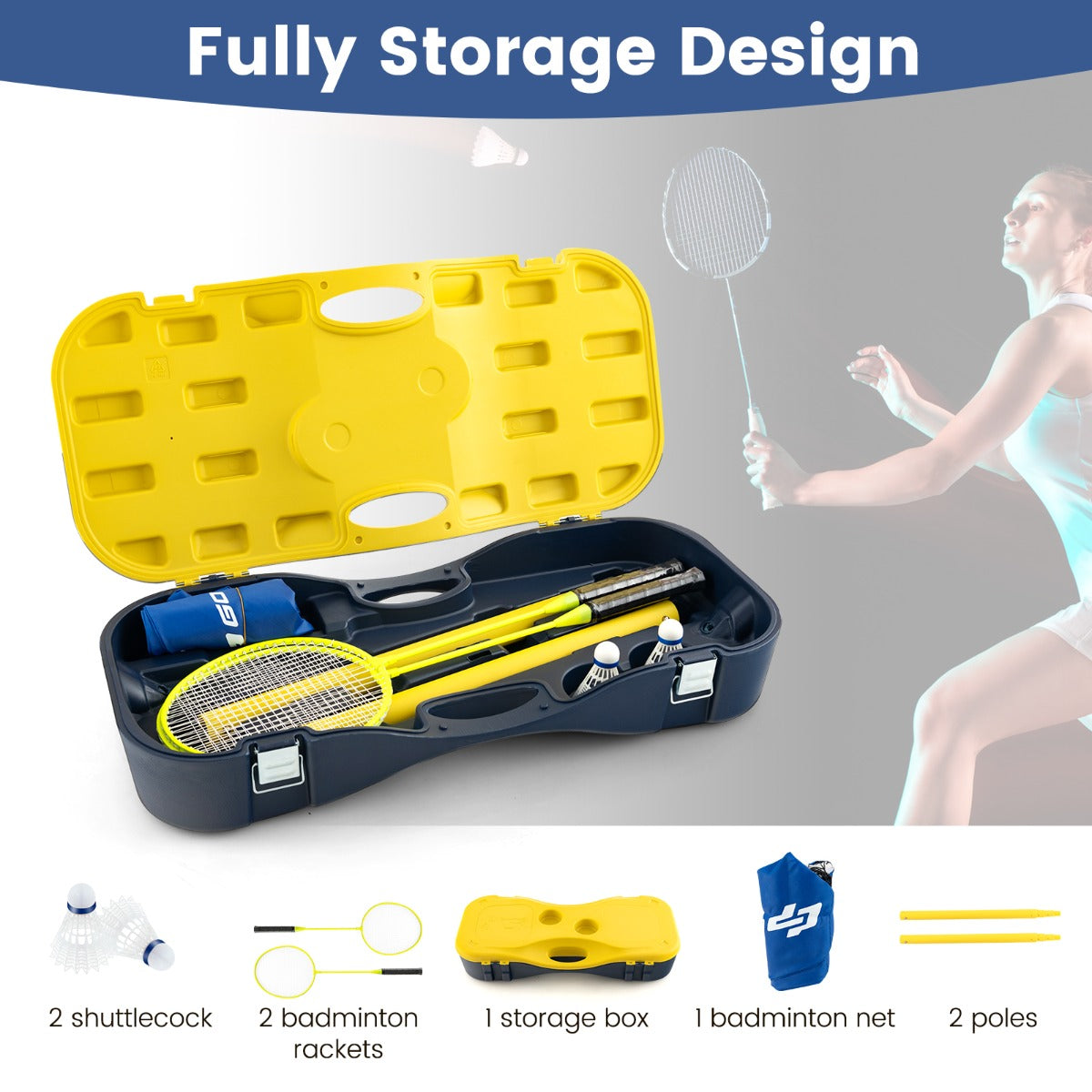 LIVSK Badmintonset - Inclusief Rackets, Veerballen en Opbergdoos - Duurzaam PE Materiaal - Eenvoudige Installatie - Blauw