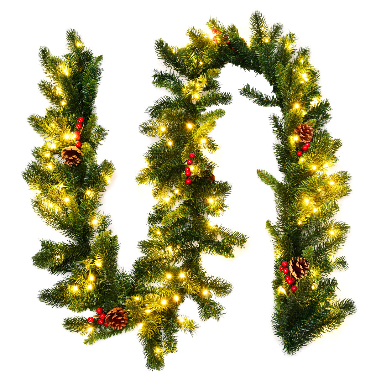 LIVSK Voorverlichte Kerstslinger - 100 LED-lampjes - Mix van PE en PVC takken - 275 cm - Met dennenappels en rode bessen - Groen