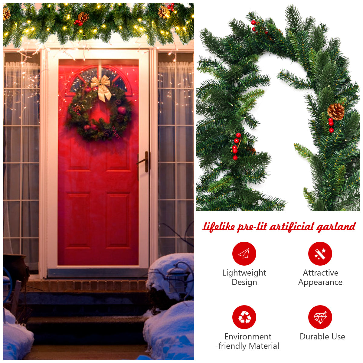 LIVSK Voorverlichte Kerstslinger - 100 LED-lampjes - Mix van PE en PVC takken - 275 cm - Met dennenappels en rode bessen - Groen