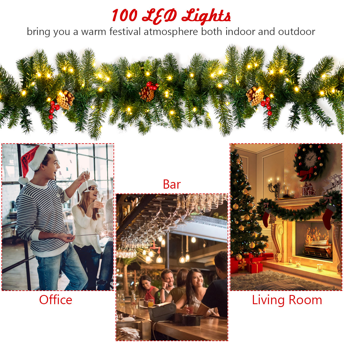 LIVSK Voorverlichte Kerstslinger - 100 LED-lampjes - Mix van PE en PVC takken - 275 cm - Met dennenappels en rode bessen - Groen