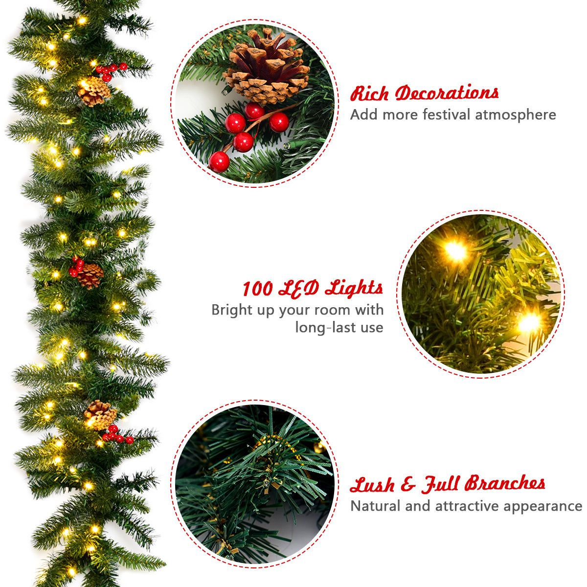 LIVSK Voorverlichte Kerstslinger - 100 LED-lampjes - Mix van PE en PVC takken - 275 cm - Met dennenappels en rode bessen - Groen