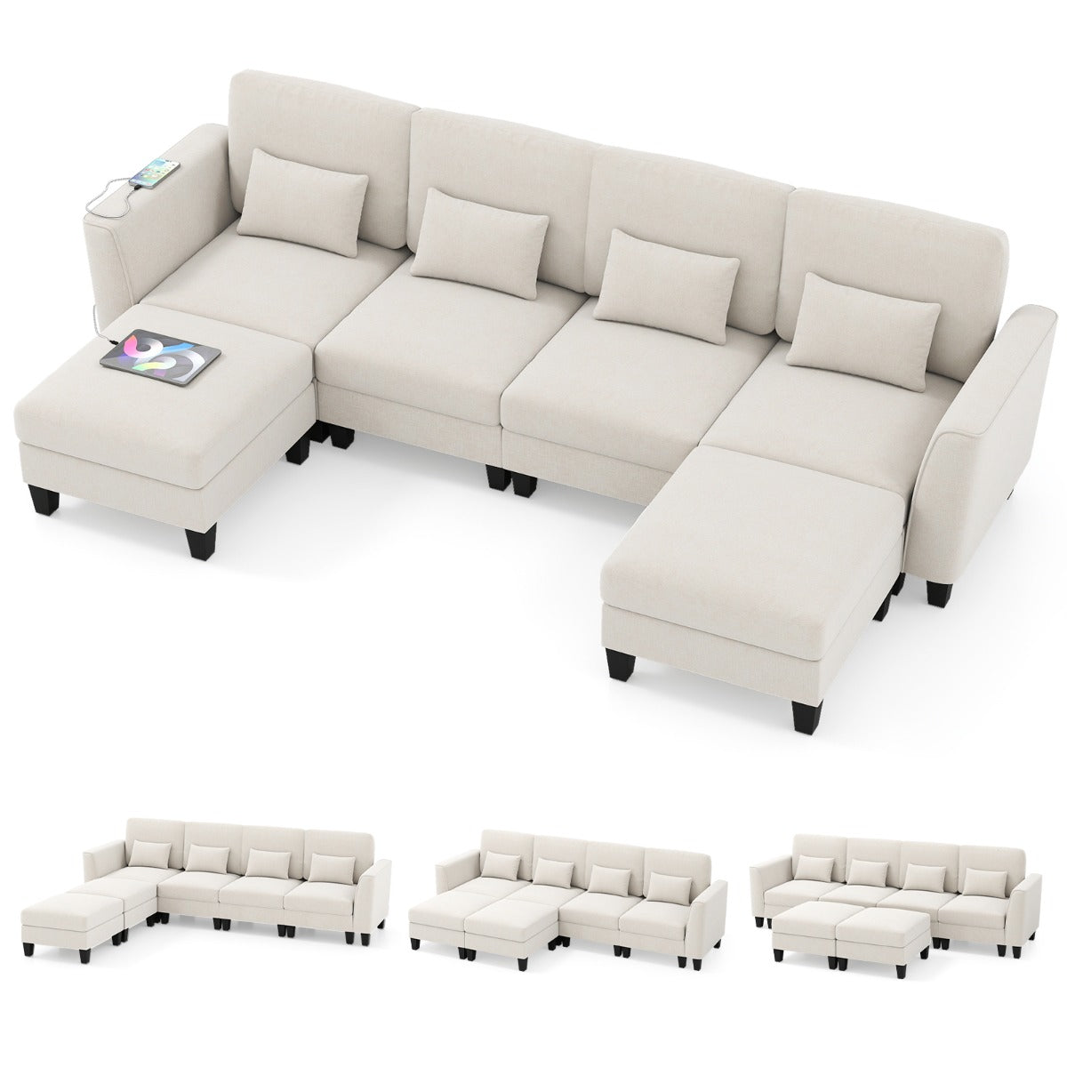 Livsk costway 280 cm hoekbank met 2 voetenbankjes u vormige modulaire bank met usb en type c oplaadpoorten beige