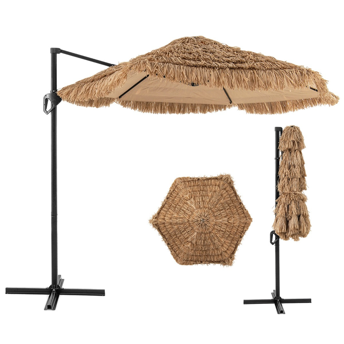 LIVSK Hula Tiki Stro Patio-Zonnescherm - Tropische Stijl - Eenvoudig te Openen - Versterkte Constructie - Ø 283 cm - Natuur+Zwart
