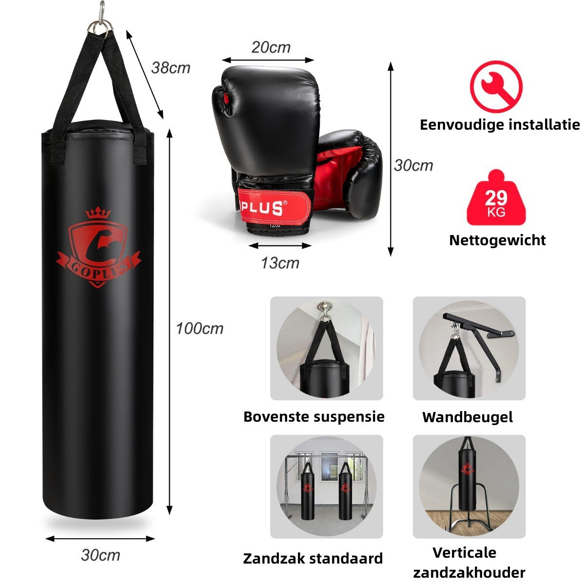 LIVSK Hangende Bokszak Set met 12 oz Bokshandschoenen - Duurzaam PVC-leer - Inclusief Handwraps - Eenvoudig te Installeren -