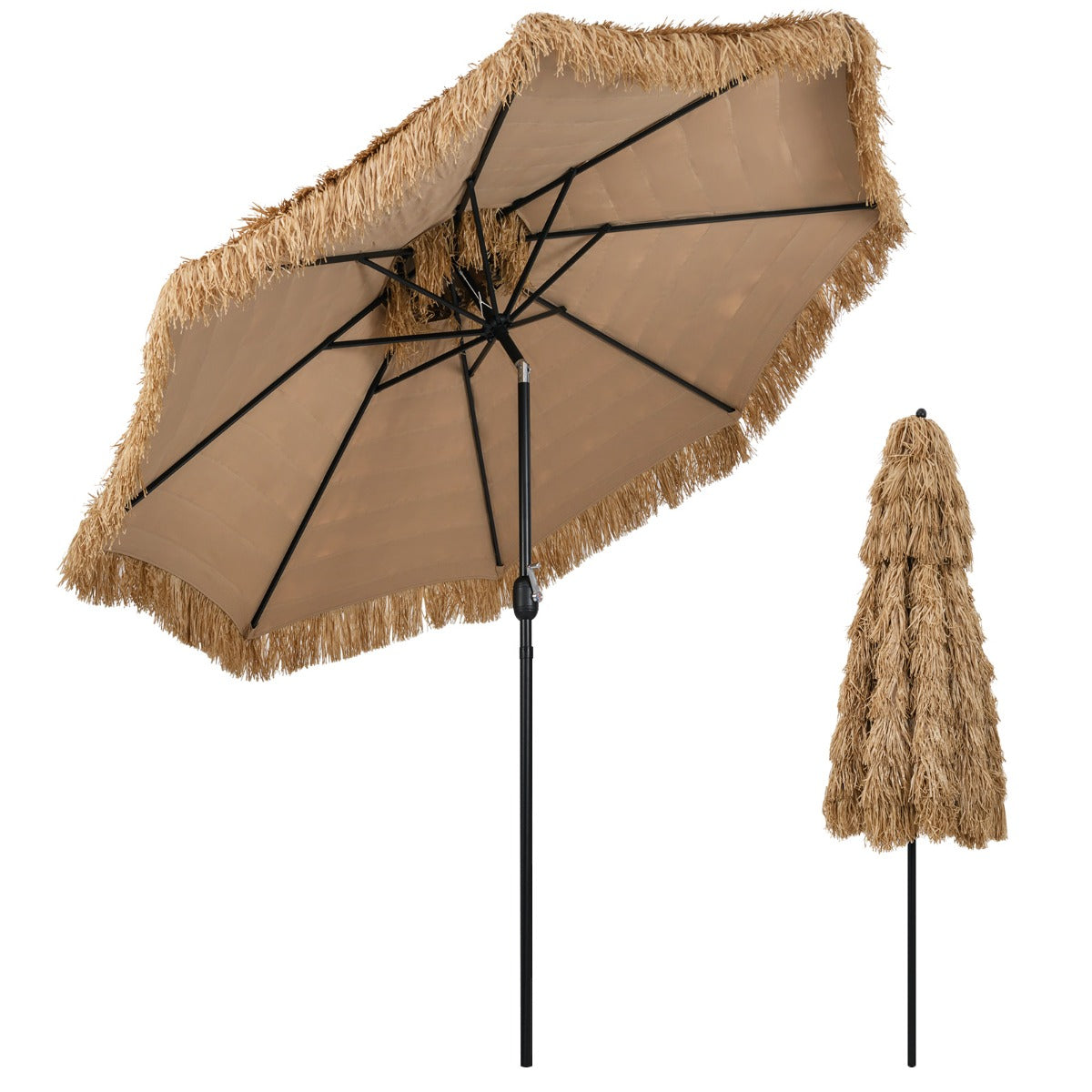LIVSK Hula Rieten Tiki Parasol - 299 cm - Automatisch Kantelen - Ventilatieopening - Stevige Constructie - Naturel + Zwart