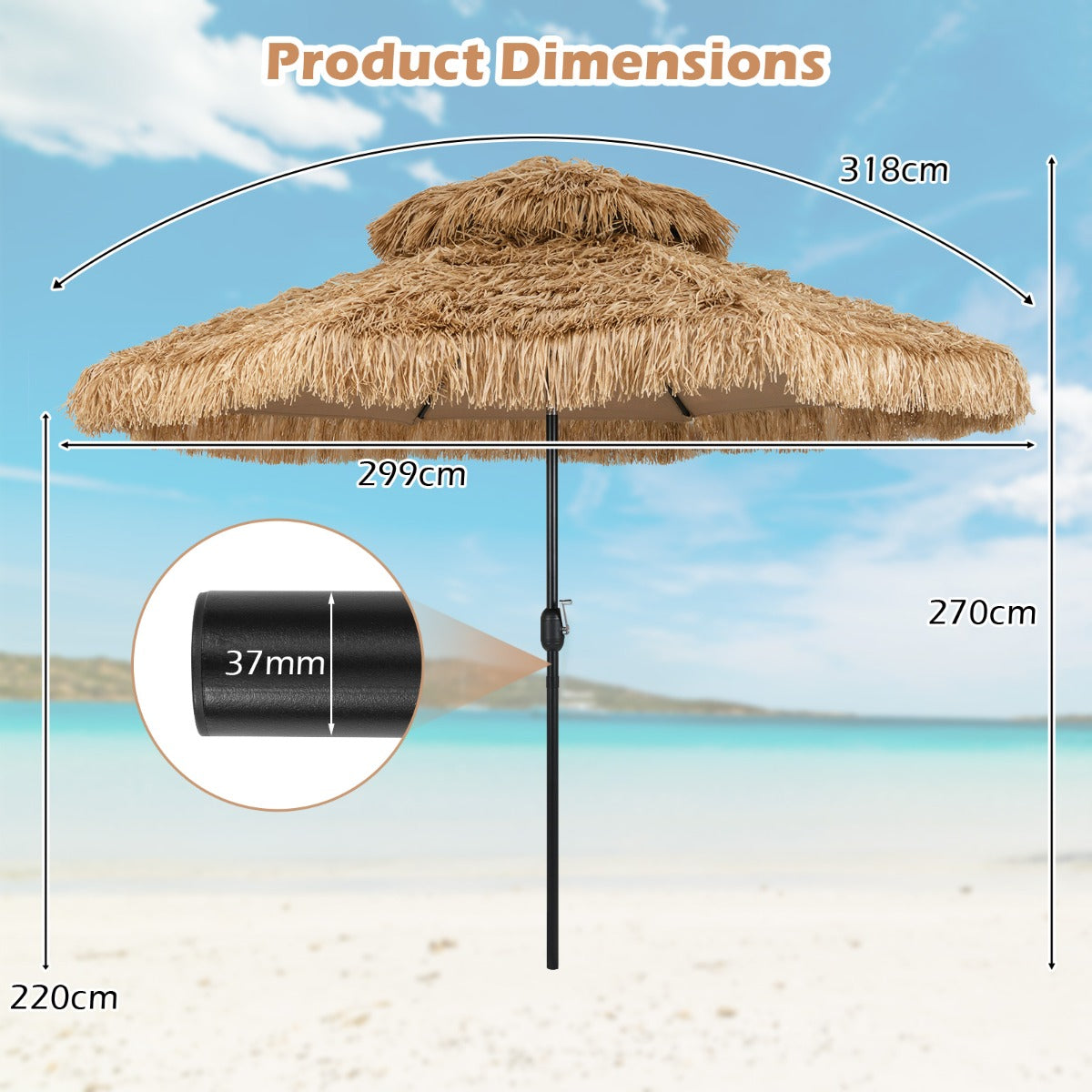 LIVSK Hula Rieten Tiki Parasol - 299 cm - Automatisch Kantelen - Ventilatieopening - Stevige Constructie - Naturel + Zwart