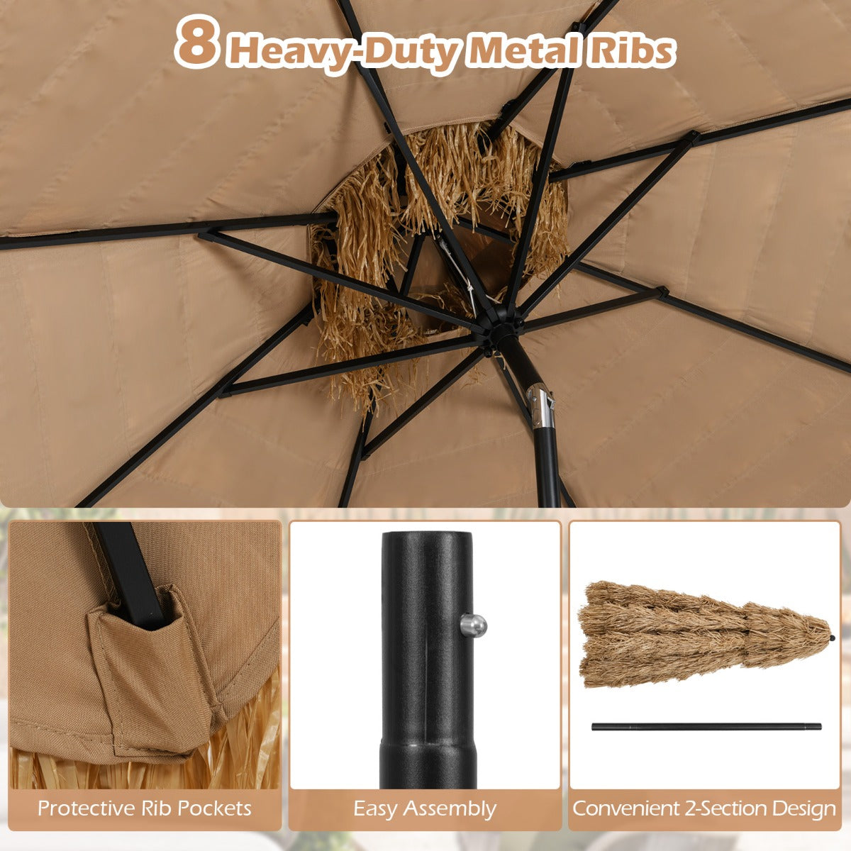 LIVSK Hula Rieten Tiki Parasol - 299 cm - Automatisch Kantelen - Ventilatieopening - Stevige Constructie - Naturel + Zwart