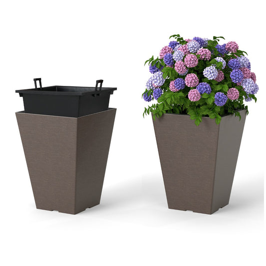 LIVSK 2-delige Set Zelfbewaterende Bloempotten - Binnenemmer met Drainagegaten - Weerbestendig PP - 25 x 25 x 35 cm - Bruin
