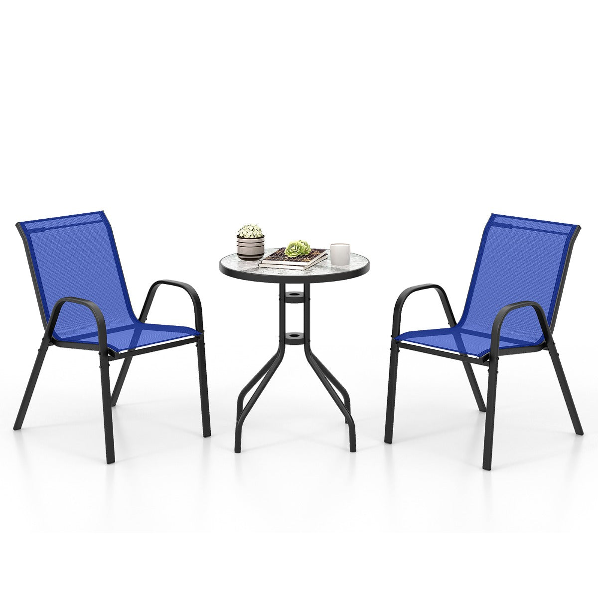 LIVSK 3-delige Bistroset - 2 Comfortabele Stoelen en Salontafel - Roestvrijstalen Frame - Sneldrogende Stof - Blauw