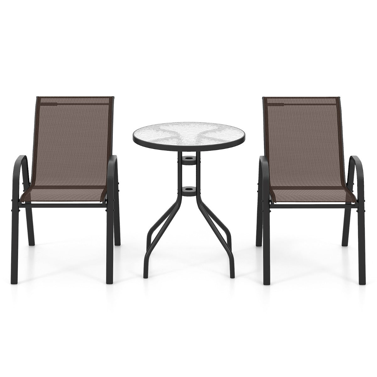 LIVSK Buitenbistroset - 3-delig - Comfortabele Stoelen - Gehard Glazen Tafel - Weerbestendig - Bruin