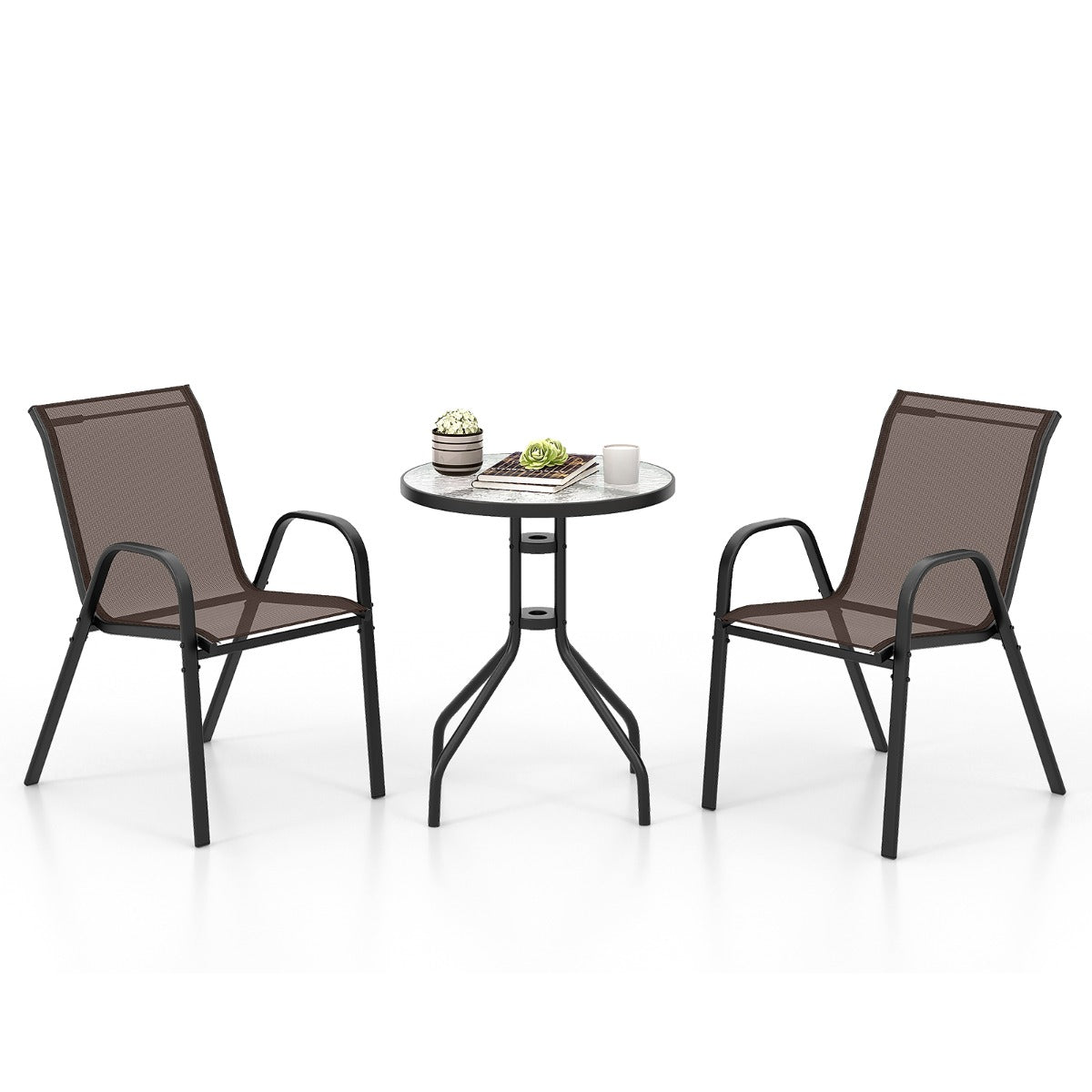 LIVSK Buitenbistroset - 3-delig - Comfortabele Stoelen - Gehard Glazen Tafel - Weerbestendig - Bruin