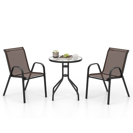 LIVSK Buitenbistroset - 3-delig - Comfortabele Stoelen - Gehard Glazen Tafel - Weerbestendig - Bruin