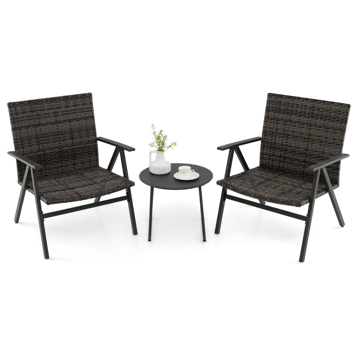 LIVSK 3-delige Bistroset voor Buiten - Stijlvolle Rattan Stoelen - Robuust Metalen Frame - Tot 150 kg - Ronde Bijzettafel - Zwart