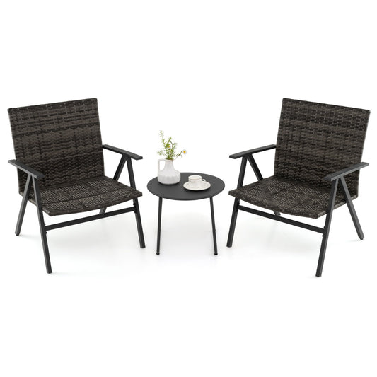 LIVSK 3-delige Bistroset voor Buiten - Stijlvolle Rattan Stoelen - Robuust Metalen Frame - Tot 150 kg - Ronde Bijzettafel - Zwart