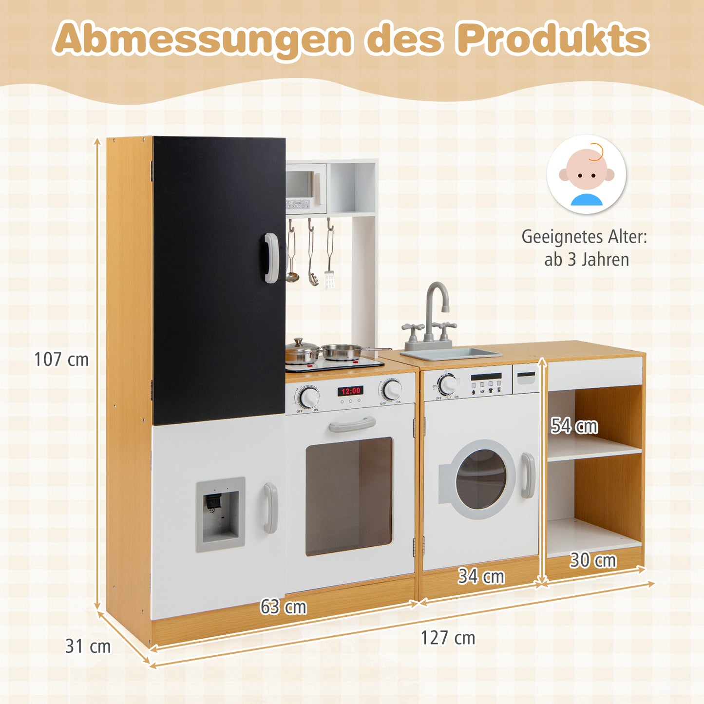 LIVSK Kinderkeukenset 3-delig - Interactieve Geluiden en Lichten - Inclusief Wasmachine en Kast - Voor Kinderen vanaf 3 jaar -