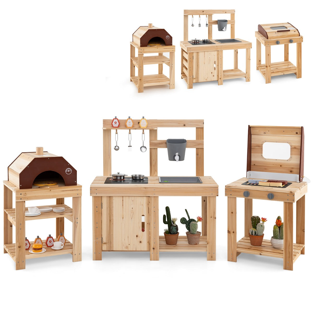 LIVSK Modderkeuken Outdoor Keuken Set - Inclusief Grill en Pizzaoven - Duurzaam Dennenhout - Voor Kinderen vanaf 3 jaar -
