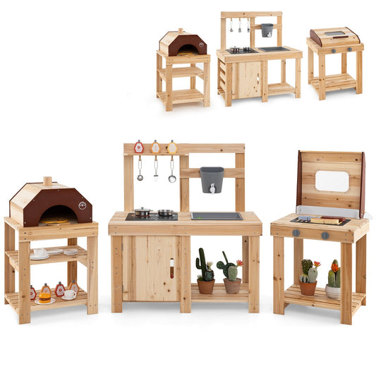 LIVSK Modderkeuken Outdoor Keuken Set - Inclusief Grill en Pizzaoven - Duurzaam Dennenhout - Voor Kinderen vanaf 3 jaar -