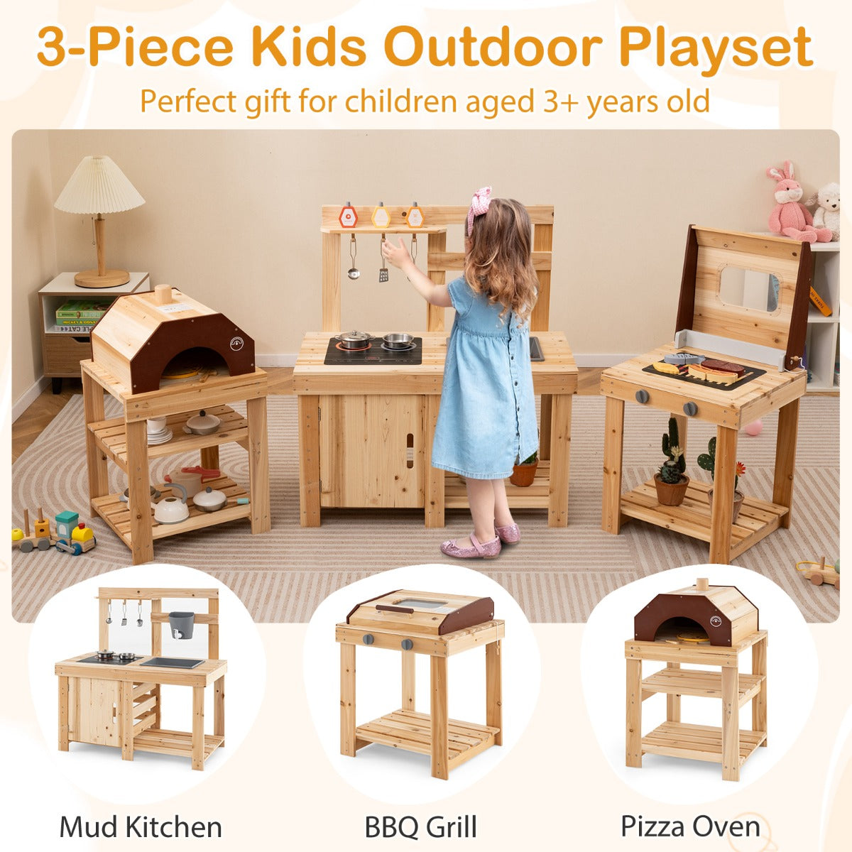 LIVSK Modderkeuken Outdoor Keuken Set - Inclusief Grill en Pizzaoven - Duurzaam Dennenhout - Voor Kinderen vanaf 3 jaar -