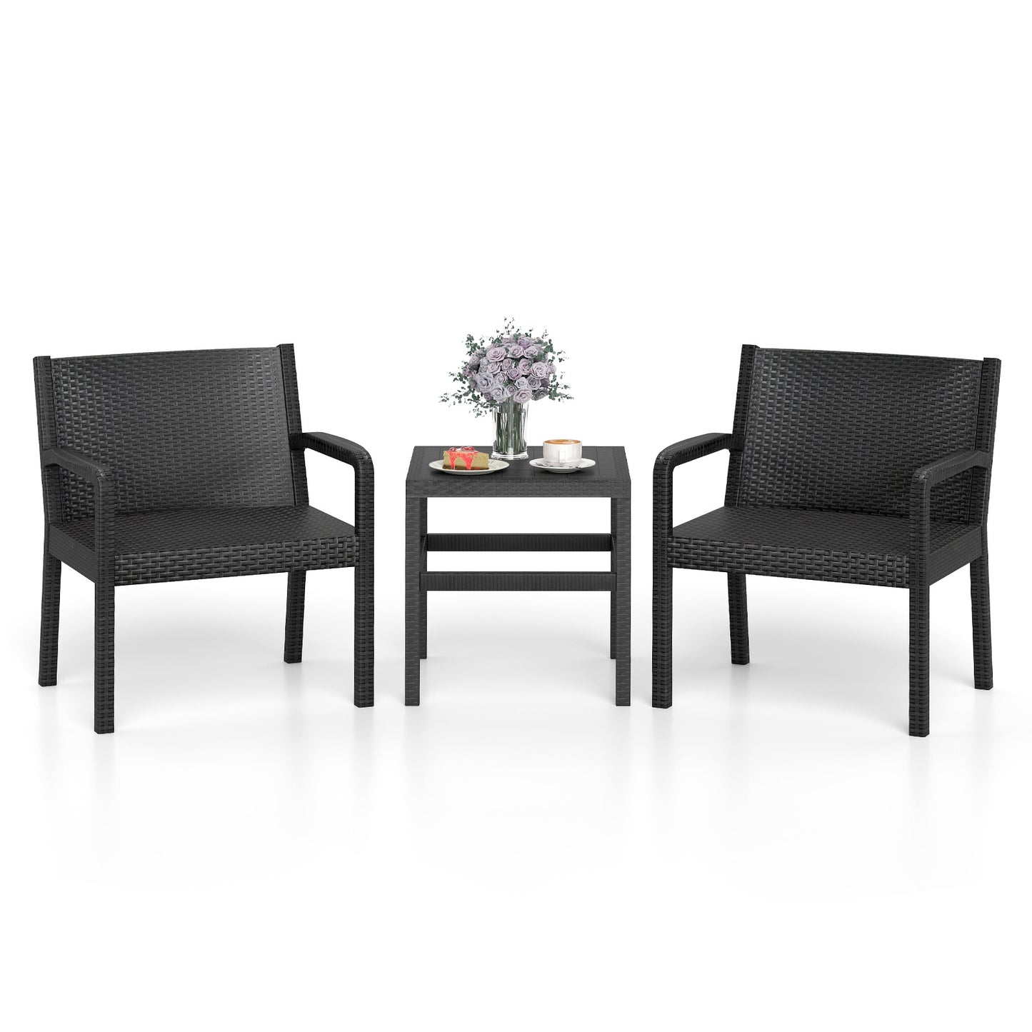 LIVSK 3-delige tuinmeubelset - Waterbestendig PP - Ergonomische stoelen tot 150 kg - Inclusief bijzettafel 50 cm - Zwart