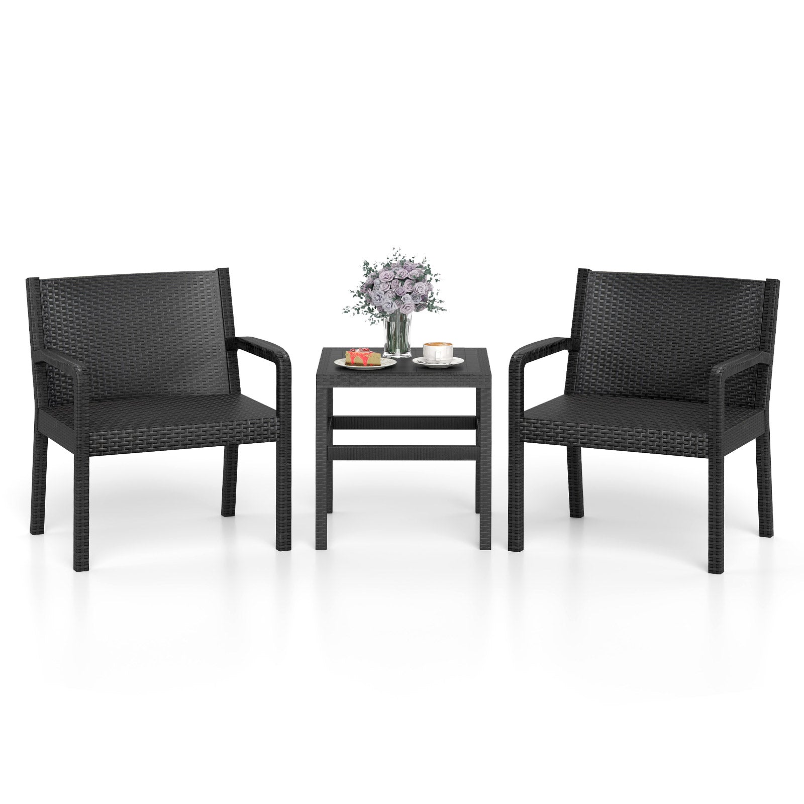LIVSK 3-delige tuinmeubelset - Waterbestendig PP - Ergonomische stoelen tot 150 kg - Inclusief bijzettafel 50 cm - Zwart