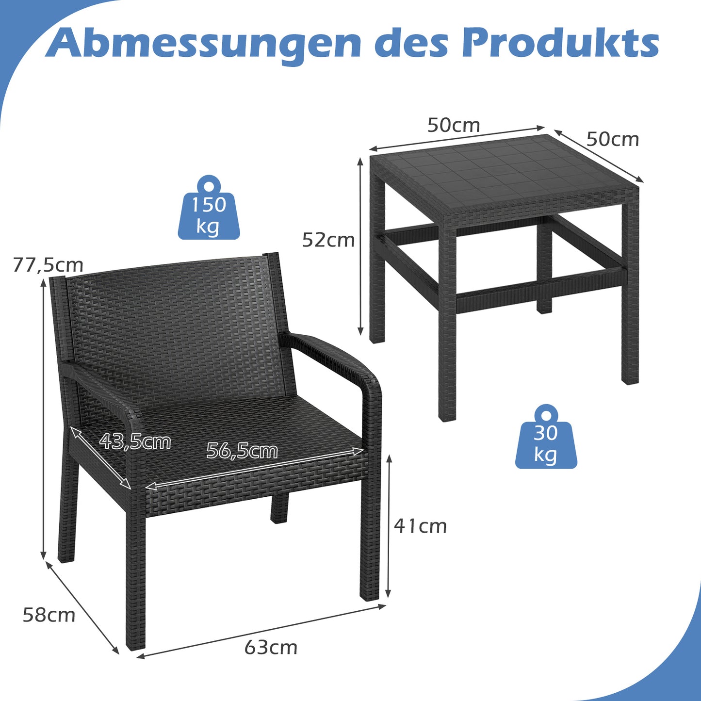 LIVSK 3-delige tuinmeubelset - Waterbestendig PP - Ergonomische stoelen tot 150 kg - Inclusief bijzettafel 50 cm - Zwart
